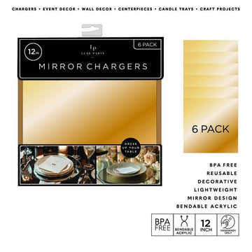 12" Gold Square Light Weight Mirror Charger Plate | 6 Chargers