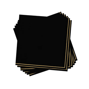 Luxe Party NYC Napkins 20 Beverage Napkins - 5" x 5" Black with Gold Stripe Paper Cocktail Napkins | 20 Napkins