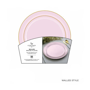 Round Walled New Baby Pink and Gold Plastic Plates Set | 32 Pack
