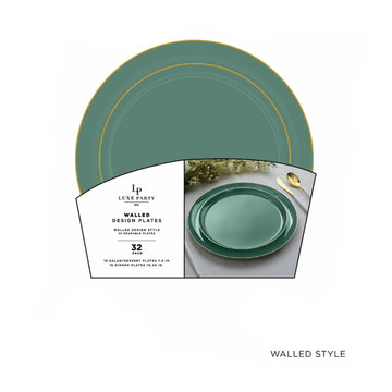 Round Walled Sage and Gold Plastic Plates Set | 32 Pack