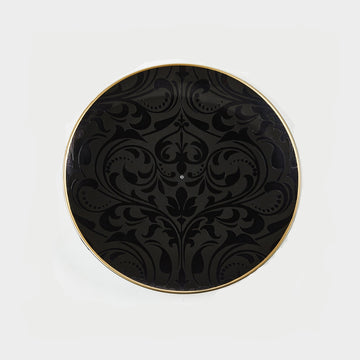 Round Black • Gold Bekisha Pattern Plastic Plates | 20 Pack