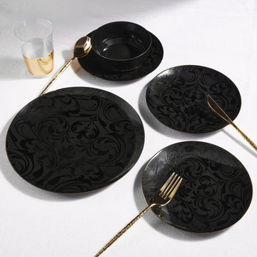 Round Black • Gold Bekisha Pattern Plastic Plates | 20 Pack
