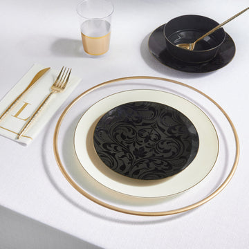 Round Black • Gold Bekisha Pattern Plastic Plates | 20 Pack