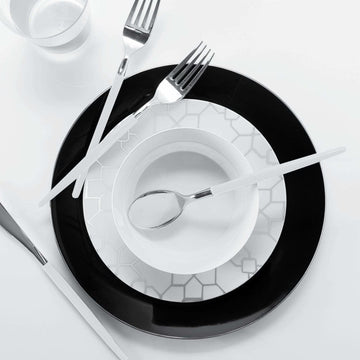 Black and Silver Round Plastic Plates | 10 Pack