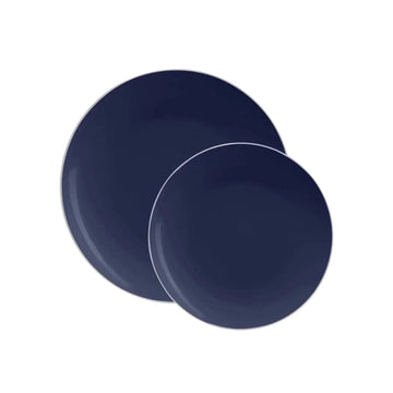 Round Navy Blue and Silver Plastic Plates | 10 Pack