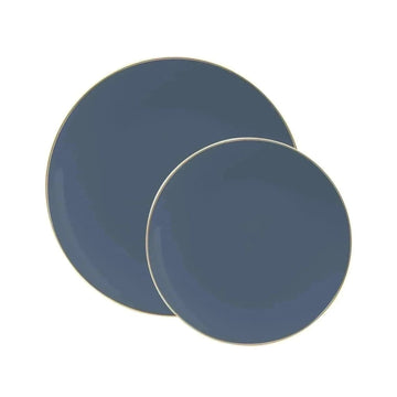 Round Slate Blue and Gold Plastic Plates | 10 Pack