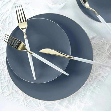 Round Slate Blue and Gold Plastic Plates | 10 Pack