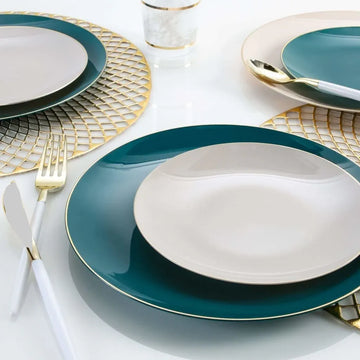 Round Teal Green and Gold Plastic Plates | 10 Pack