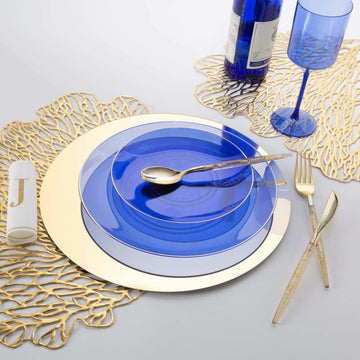 Transparent Navy Blue and Gold Round Plastic Plates | 10 Pack