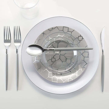 White and Silver Round Plastic Plates | 10 Pack