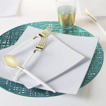White • Gold Square Plastic Plates | 10 Pack